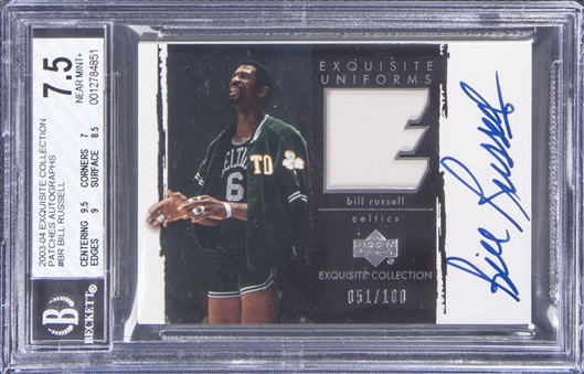 2003-04 UD "Exquisite Collection" Patches Autographs #BR Bill Russell Signed Patch Card (#051/100) - BGS NM+ 7.5/BGS 10
